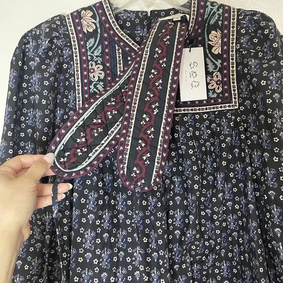 NEW SEA NY Perry Border Puff Sleeve Tunic Embroidered quilted floral Dress XS - Picture 7 of 11